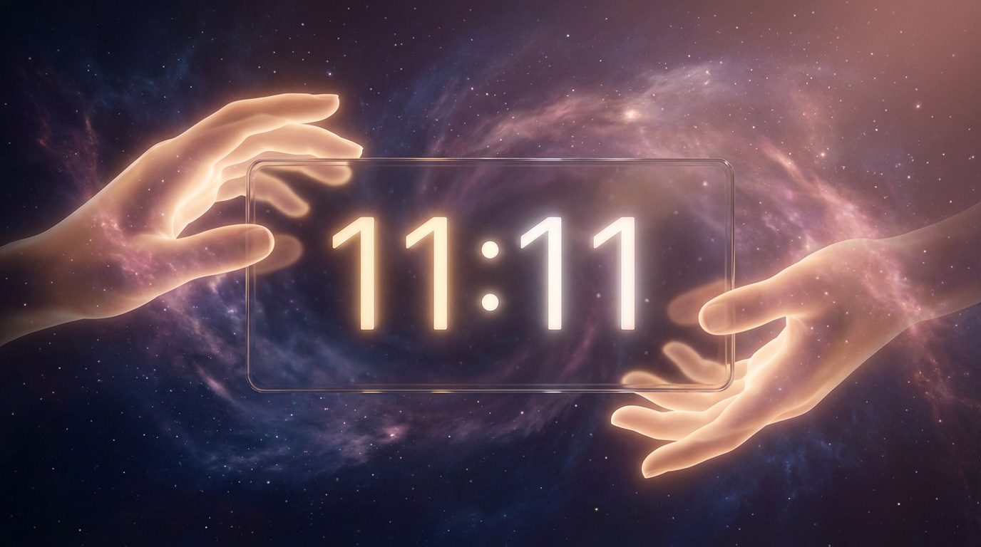 Deux mains lumineuses tendent vers un écran transparent affichant '11:11' sur fond de nébuleuse étoilée.