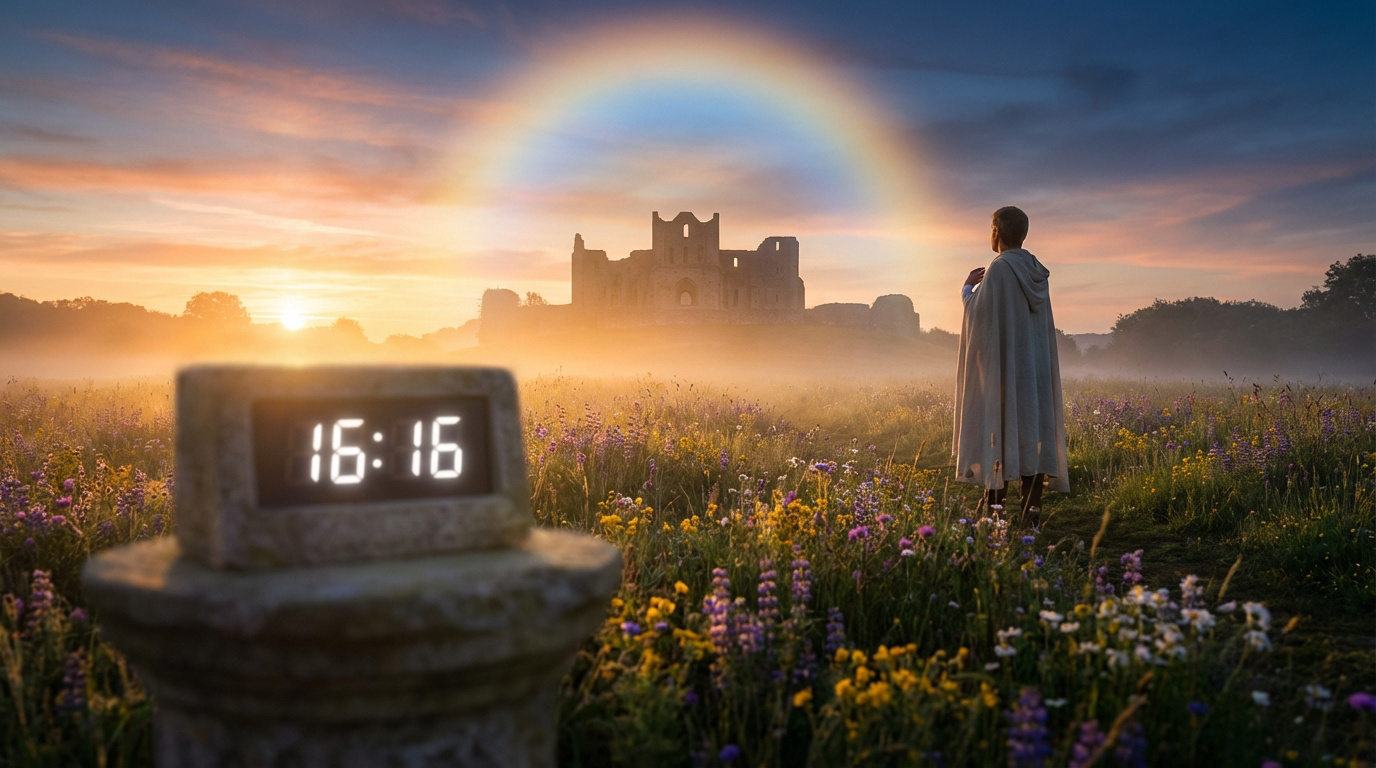 Horloge 16:16 sur un champ de fleurs à l'aube, un arc-en-ciel sur un château en ruines et une personne en cape.