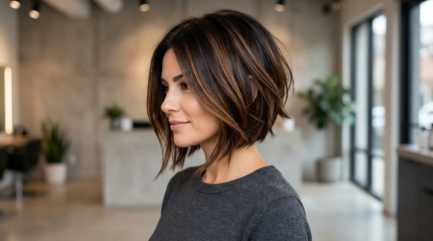 Portrait de profil d'une femme souriante, arborant un carré plongeant texturé brun foncé avec mèches caramel.