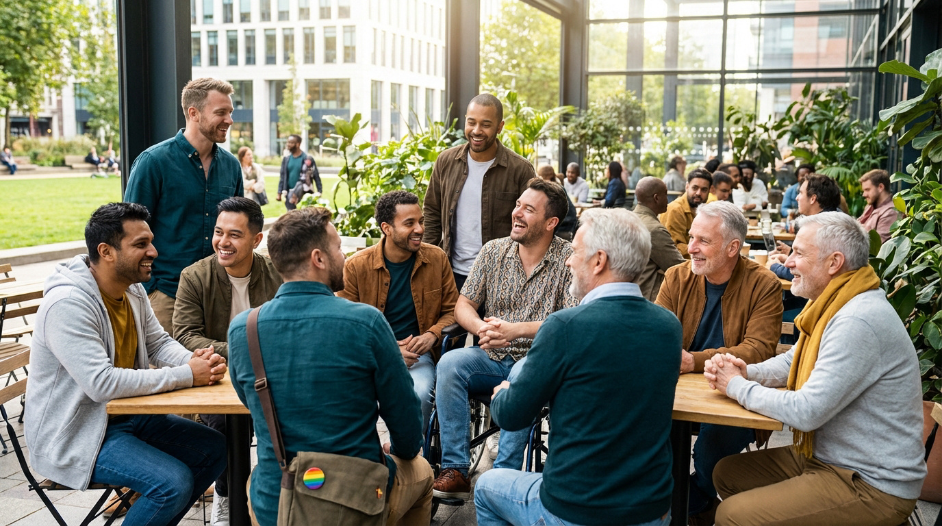Un groupe diversifié d'hommes gays de tous âges rient et discutent autour de tables dans un café en plein air.