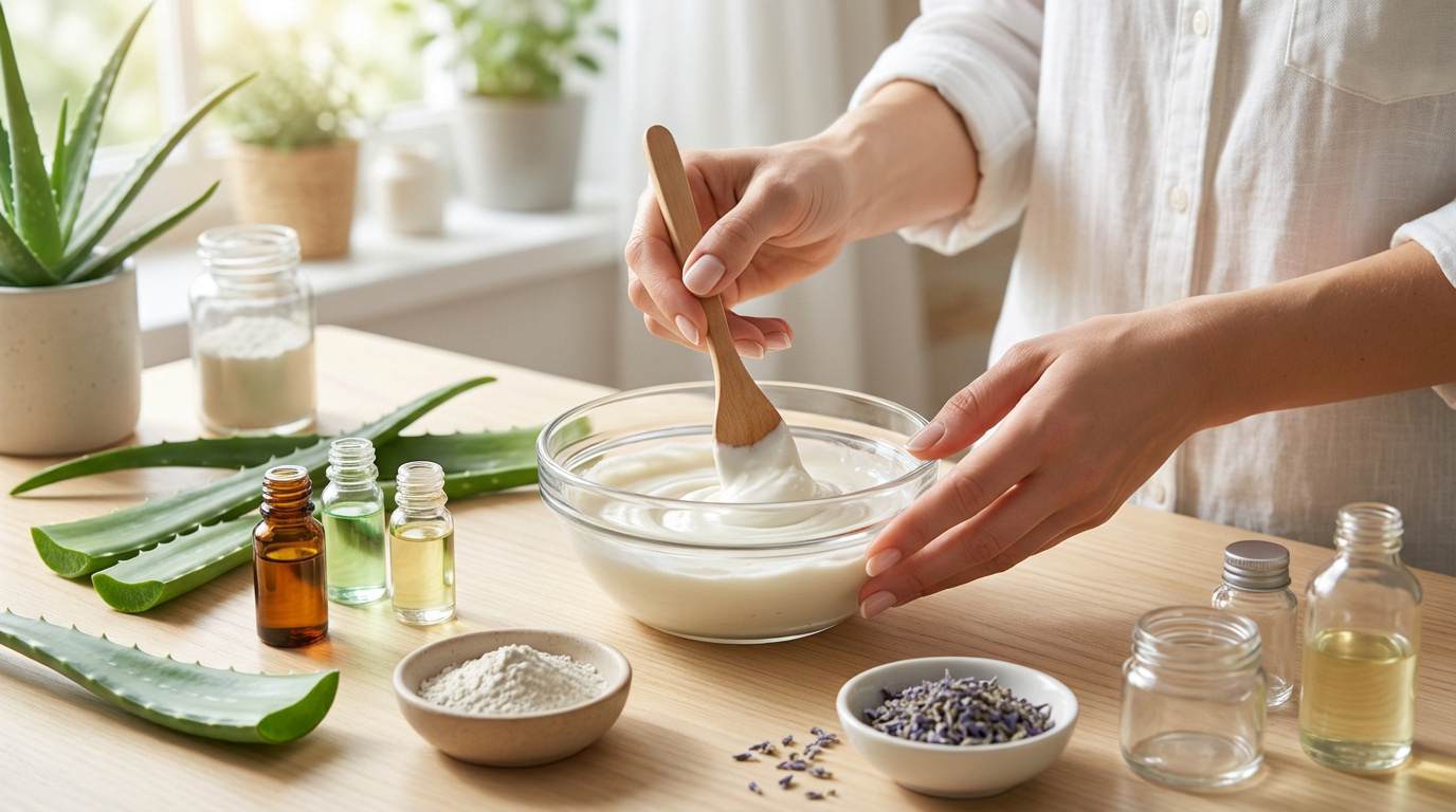 Mains mélangeant une crème naturelle dans un bol en verre. Autour, des feuilles d'aloès, flacons d'huiles essentielles, lavande et poudre. Préparation de soins.
