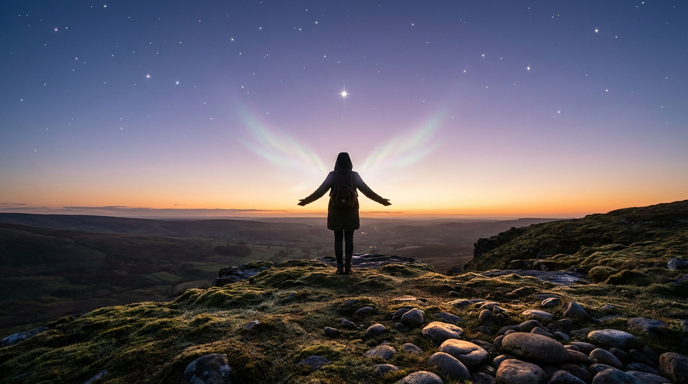 Silhouette d'ange aux ailes lumineuses sur une colline au crépuscule, sous un ciel étoilé avec une étoile brillante.