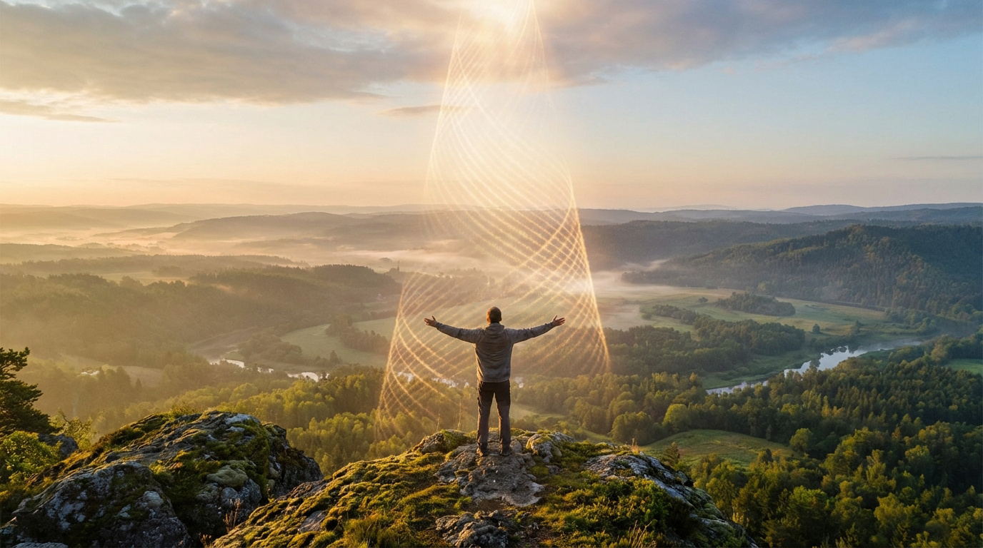 Un homme les bras ouverts sur un sommet rocheux, recevant un faisceau lumineux doré du ciel, surplombe une vallée brumeuse.