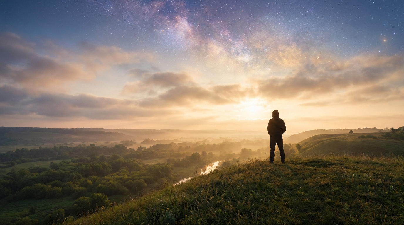 Silhouette sur une colline regardant une vallée brumeuse. Le ciel est un mélange d'aube et d'étoiles avec la Voie lactée.