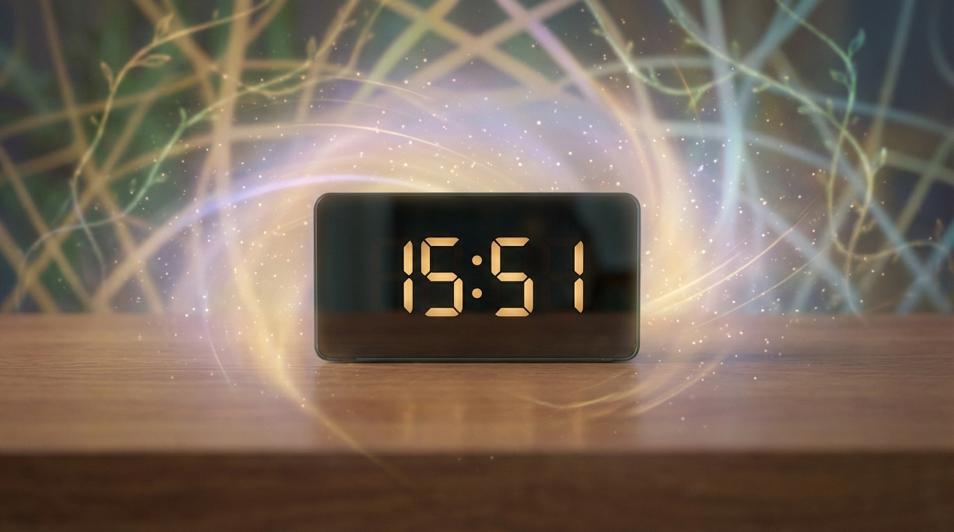 Horloge numérique affichant 15:51 sur une table en bois avec un halo lumineux mystique et des motifs végétaux en arrière-plan.