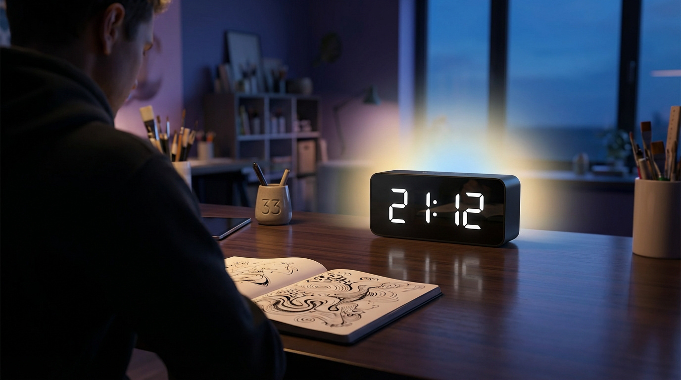 Vue de dos d'une personne dessinant à un bureau en bois. Un réveil digital lumineux affiche 21h12. Ambiance nocturne sereine.