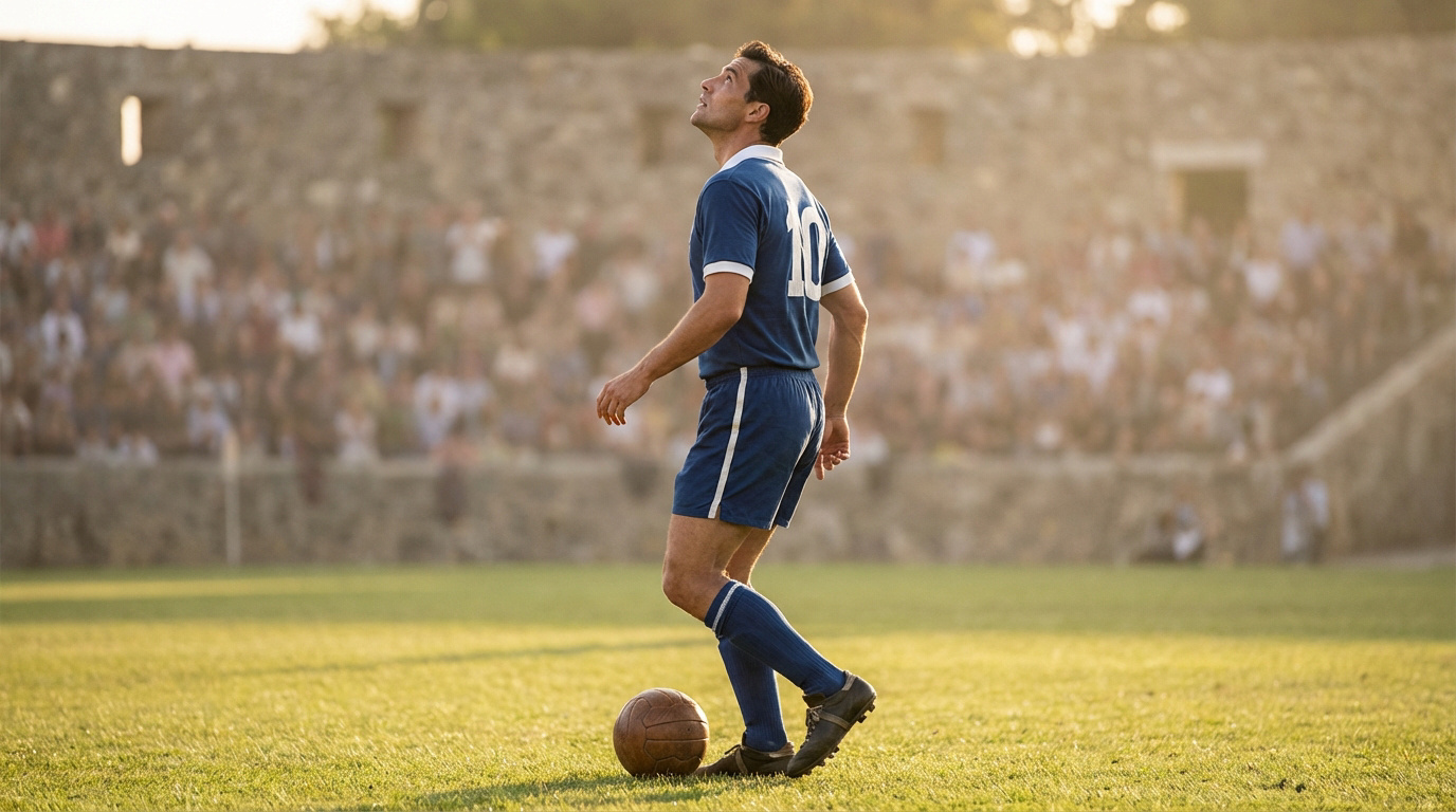 Joueur de football en tenue rétro bleue avec le numéro 10, balle au pied, regardant le terrain sur un stade ancien rempli de spectateurs.