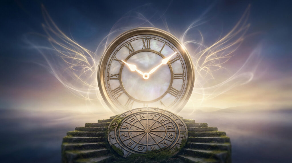 Horloge céleste dorée avec aiguilles lumineuses à 10h01, entourée d'ailes lumineuses, posée sur un socle avec roue astrologique. Atmosphère mystique.