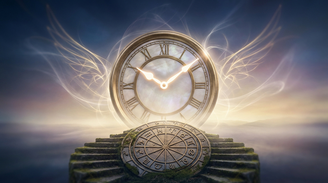 Horloge céleste dorée avec aiguilles lumineuses à 10h01, entourée d'ailes lumineuses, posée sur un socle avec roue astrologique. Atmosphère mystique.