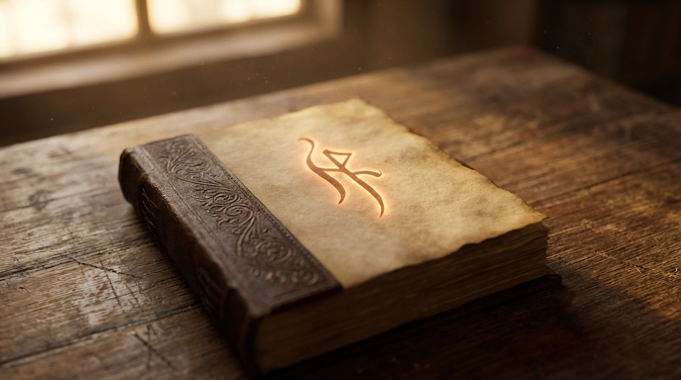 Vieux livre relié en cuir sur une table en bois. Sa couverture en papier jauni affiche un symbole mystérieux lumineux. Lumière douce.