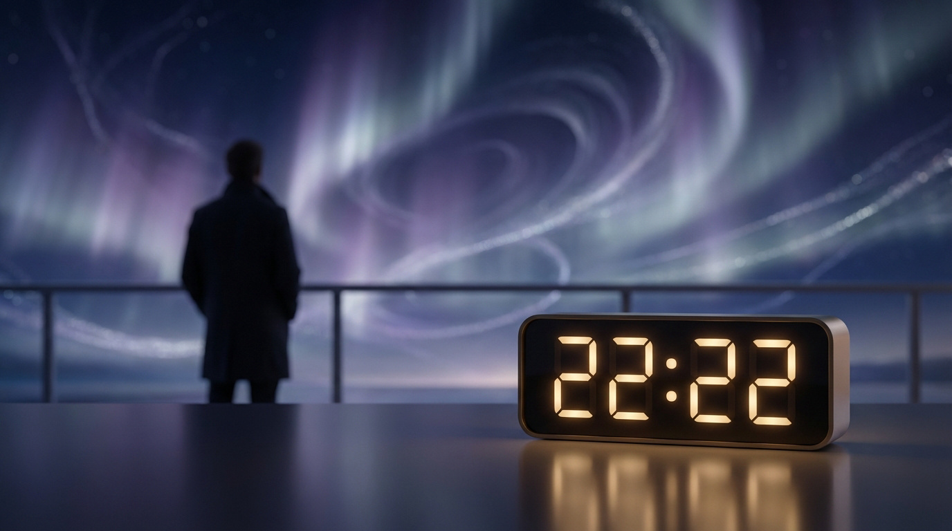 Horloge digitale affichant 22:22 sur une table, avec une personne de dos observant des aurores boréales violettes et vertes.