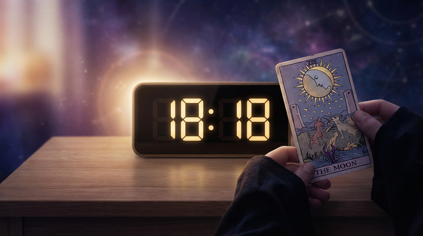 Mains tenant la carte de tarot "La Lune" devant une horloge numérique affichant 18:18, sur fond cosmique flou.