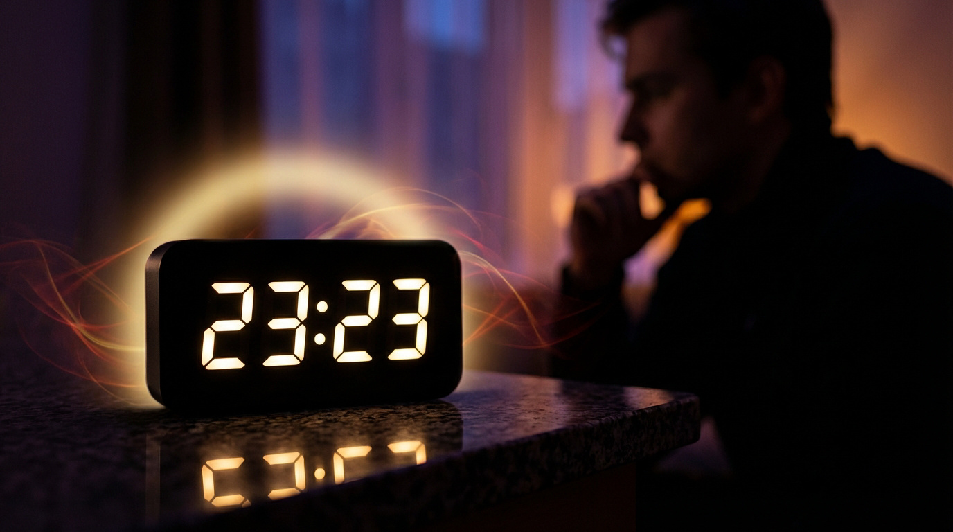Réveil numérique affichant 23:23 sur une table sombre. Un homme contemplatif en arrière-plan avec des effets lumineux mystiques.