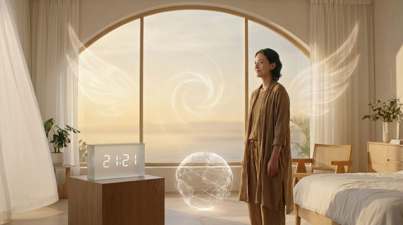 Femme avec ailes éthérées et globe lumineux, horloge 21h21, dans chambre sereine avec fenêtre arquée sur l'océan.