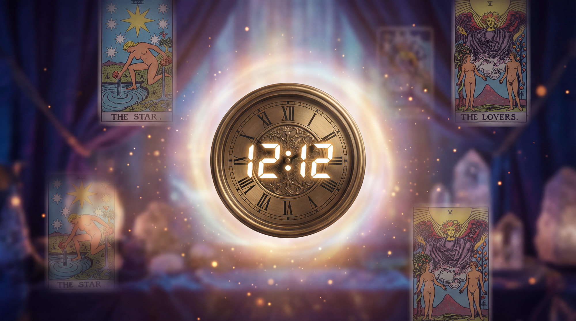 Horloge affichant 12h12 numériquement sur cadran vintage, entourée d'une aura lumineuse. Cartes de tarot L'Étoile et Les Amoureux.