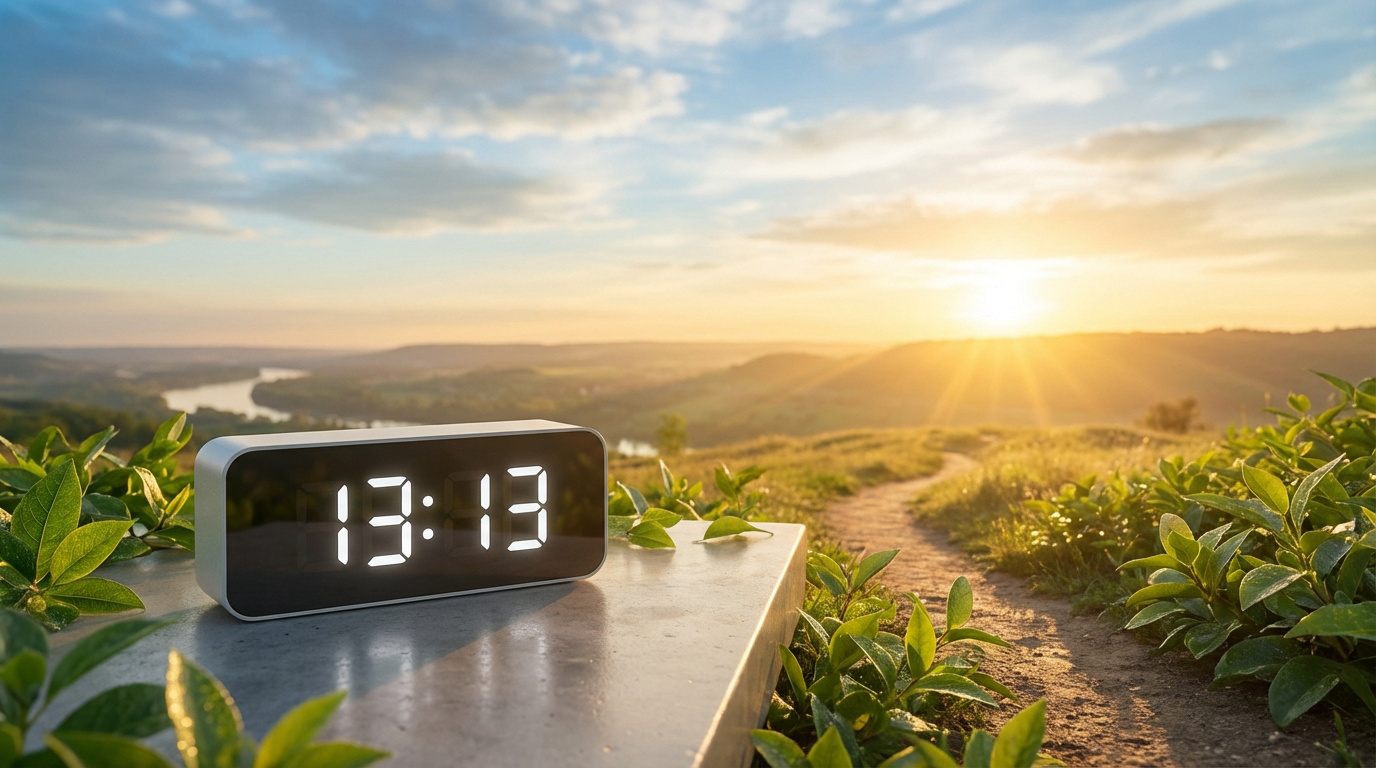 Horloge numérique 13:13 sur muret pierre, paysage verdoyant, rivière, soleil levant éclatant.