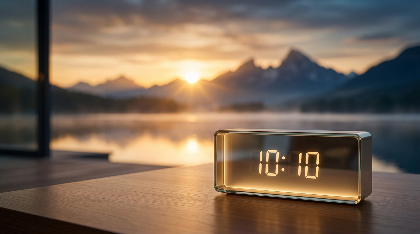 Horloge numérique affichant 10h10 sur une table en bois. En arrière-plan flou, lever de soleil sur un lac et des montagnes.