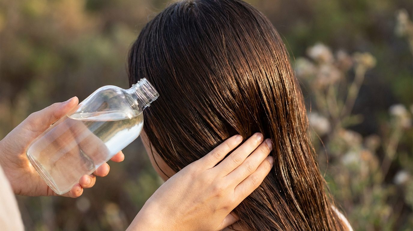 Gros plan: Une main applique un liquide transparent d'une bouteille en verre sur des cheveux bruns foncés, visiblement mouillés.