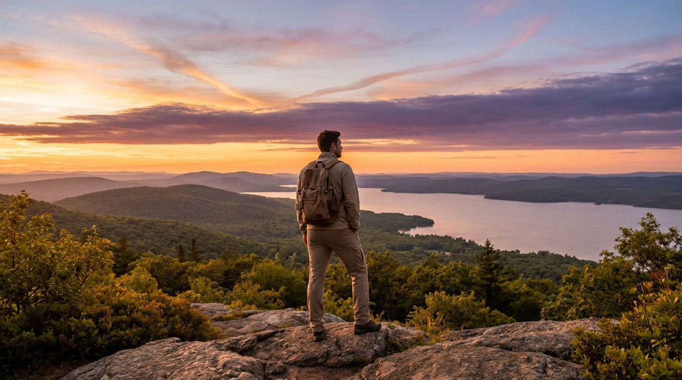 Randonneur sur un sommet rocheux regardant un lac et des montagnes au coucher du soleil. Ciel aux teintes orange et violette.