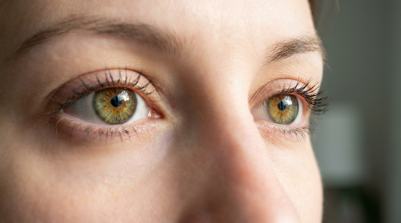 Gros plan sur les yeux noisette d'une personne, avec des iris verts et marron, et de longs cils.