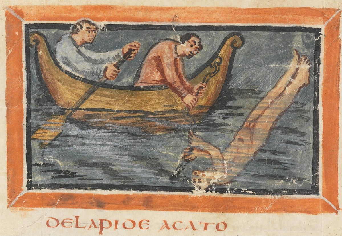 Enluminure médiévale du Physiologus montrant des pêcheurs de perles et l'agate